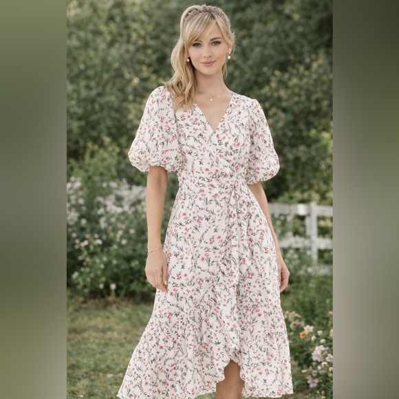 MINKPINK Dresses & Skirts - NWT Minkpink Women's Pink Floral Dress Sz L Balloon Sleeves Tie Belt Cottagecore